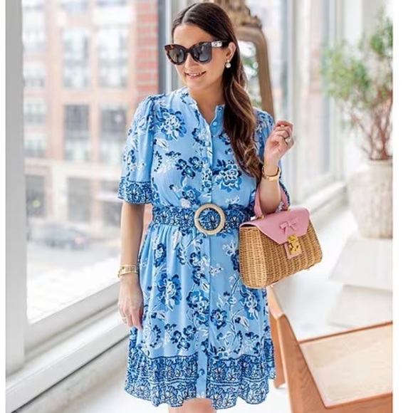 SAIL to SABLE Style Charade Placid Floral Belted Ruffle Hem Shirt Dress MEDIUM - Picture 12 of 14